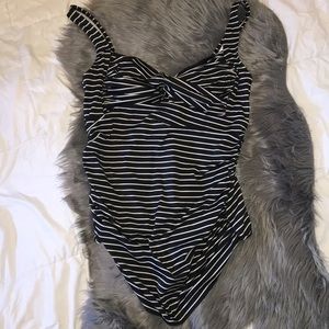 Plus Size Black And White Striped Swimsuit